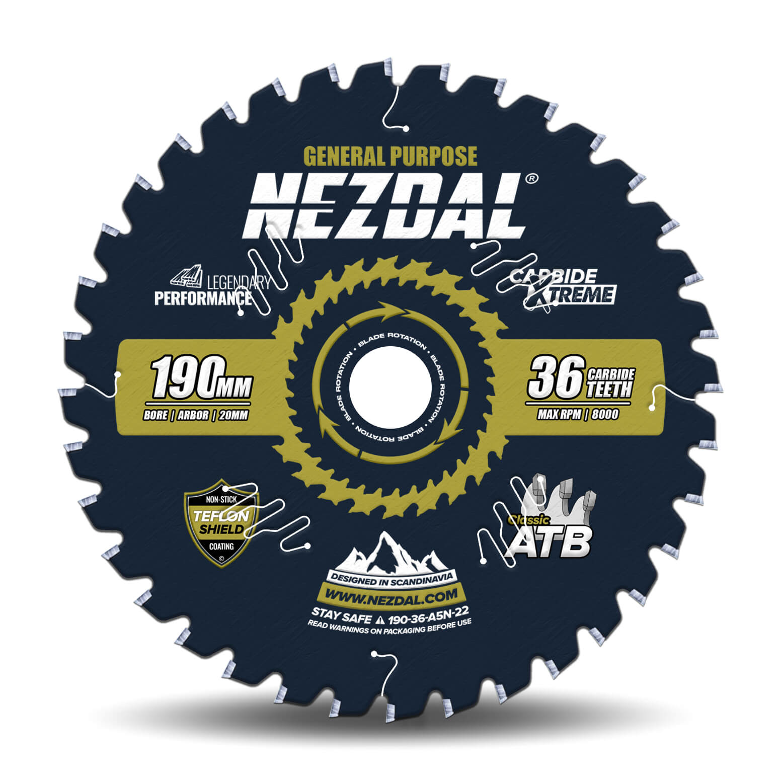 190mm | 36 Tänder | Blixtsnabb Kapning, Allmän användning | 20mm centrumhål | Kap/gersåg