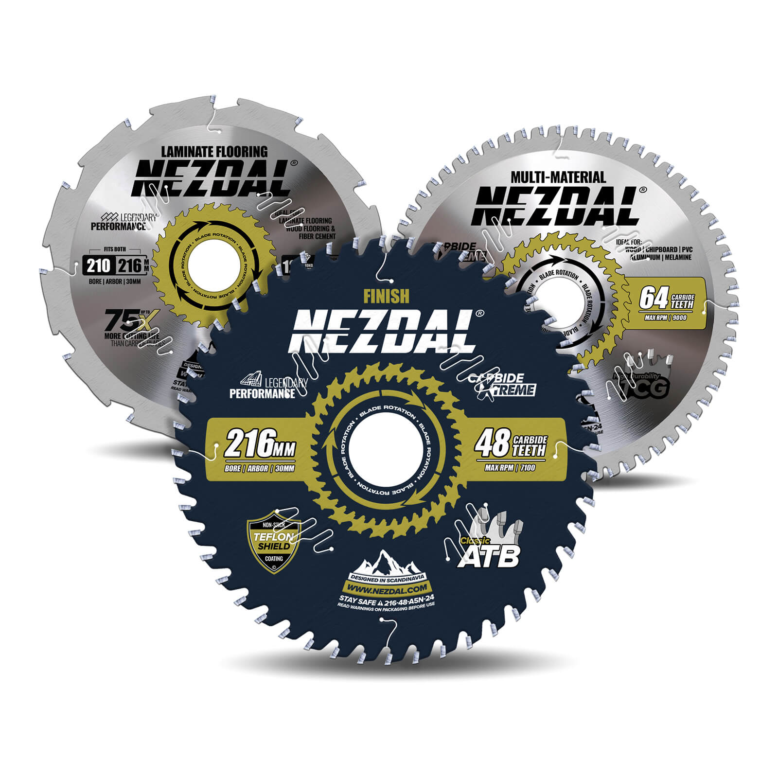 216mm Trio | 48, 64, 12 Tänder | Allmän användning, Multi-Material, Laminatgolv | Kap/gersåg
