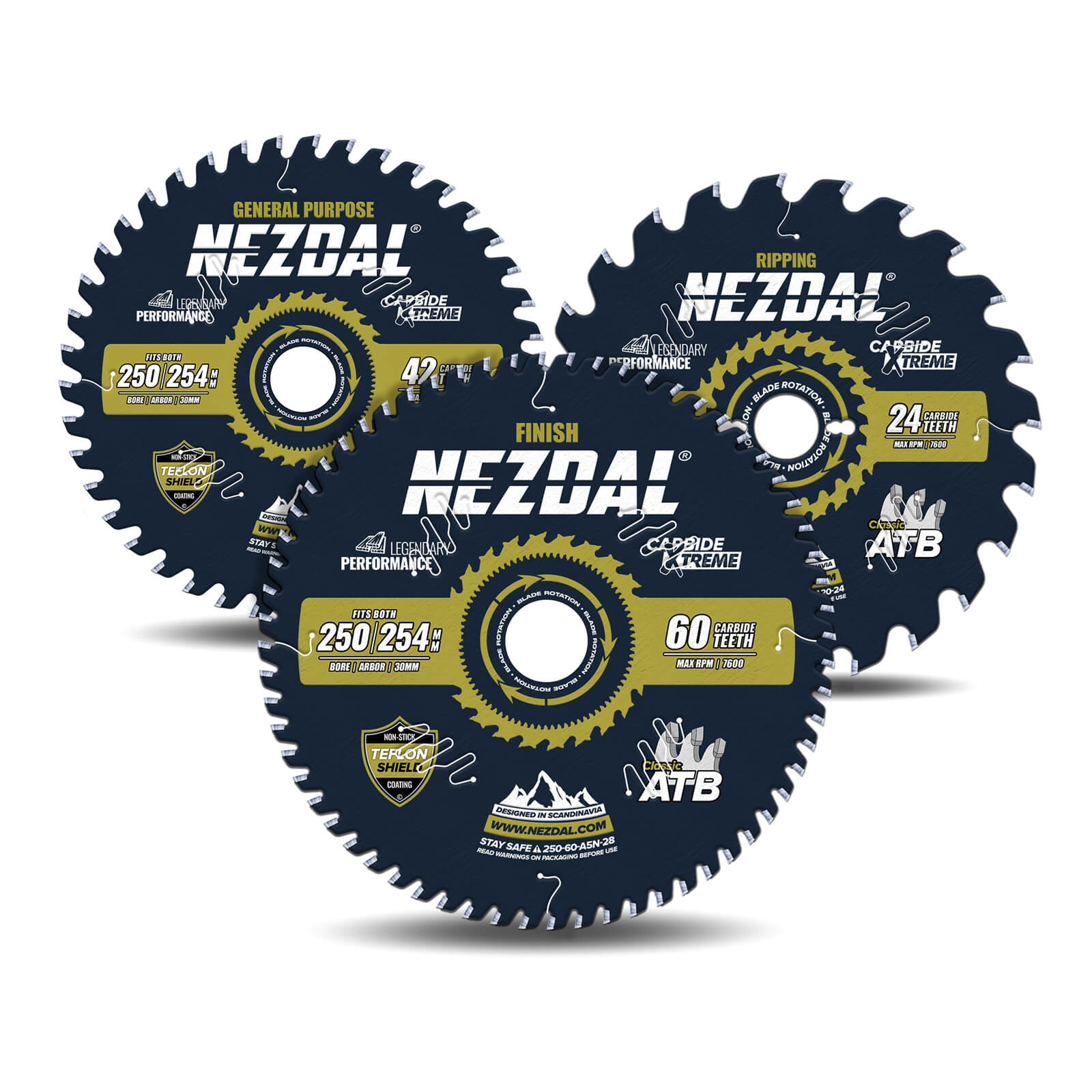 250mm Trio | 24, 42, 60 Tänder | Klyvning, Allmän användning, Finish | 2,4mm skärbredd | Bordsåg