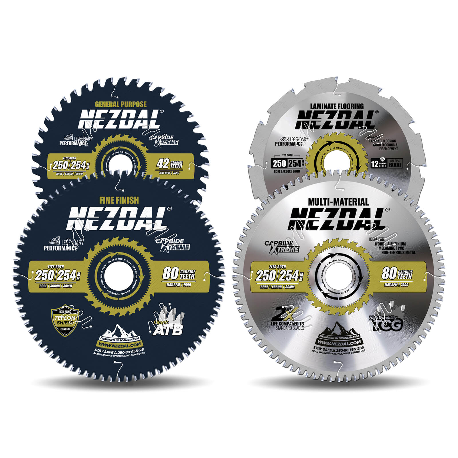 250mm | 42, 80, 80, 12 Tänder | Allmän användning, Superfinish, Multi-Material, Laminatgolv | 4 delar | Kap/gersåg