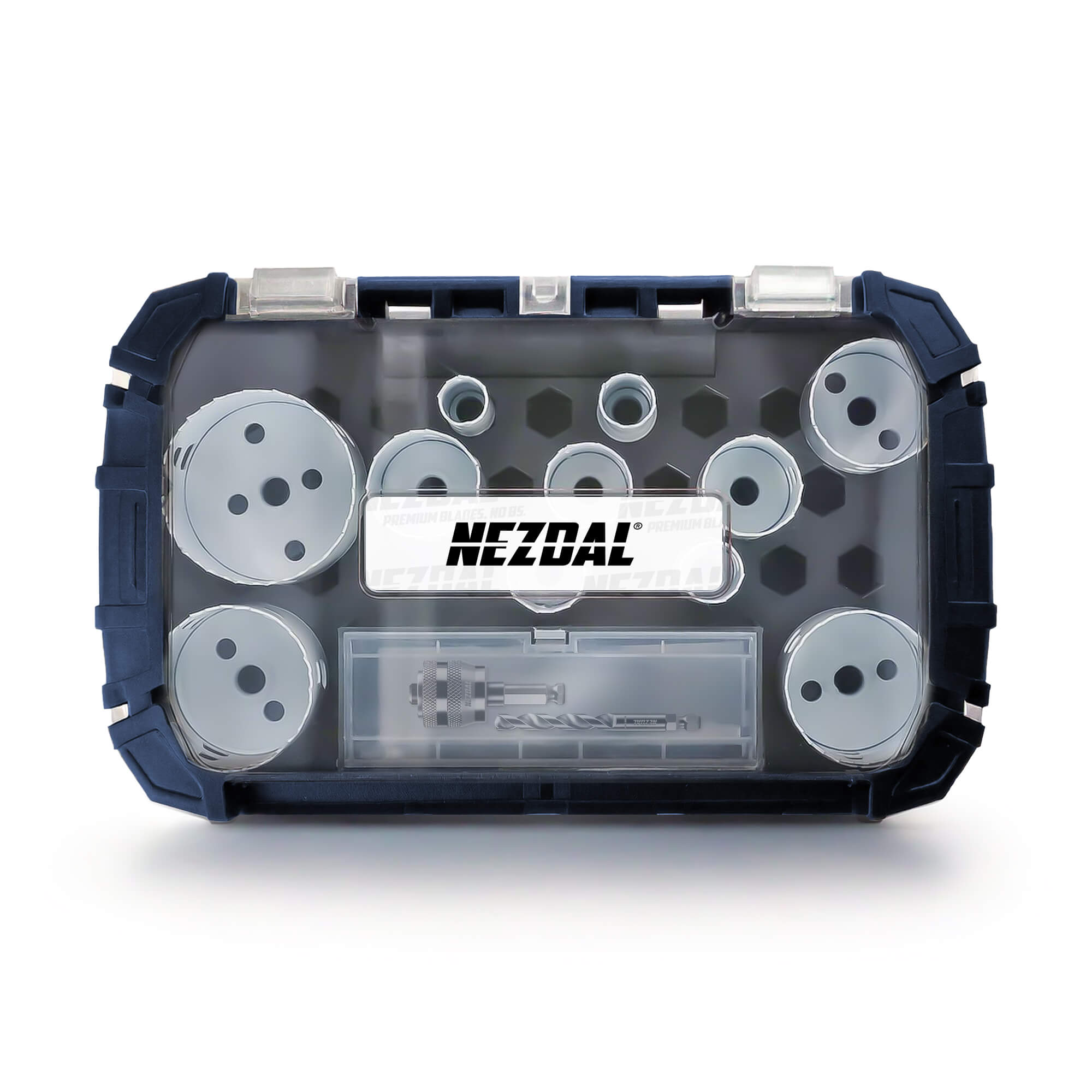 Oppbevaringskoffert for hullsager i solid utforming på hvit bakgrunn