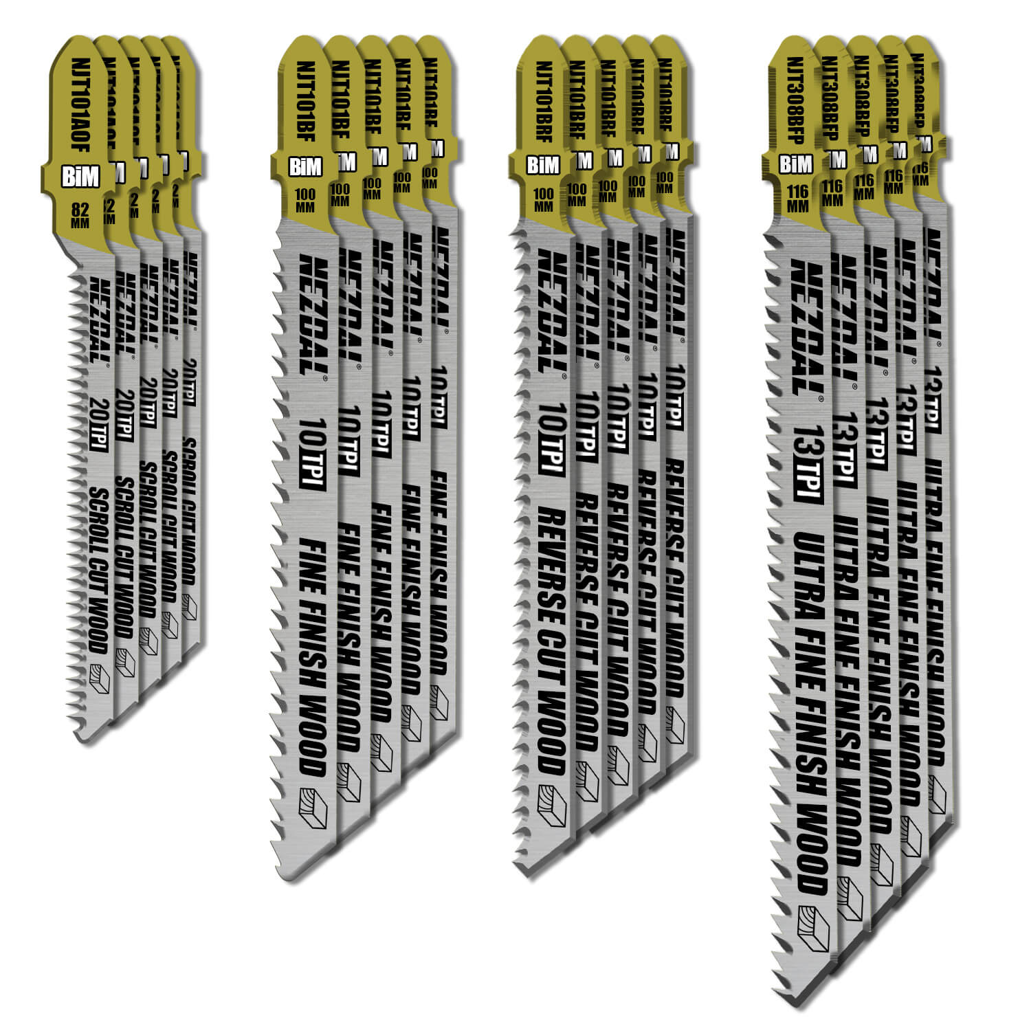 20 st högkvalitativa sticksågblad för slutbearbetning av trä på vit bakgrund