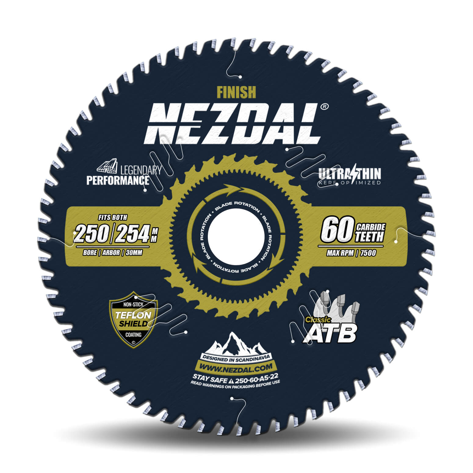 250/254mm sagblad med 60 tenner i ultratynn utgave på hvit bakgrunn.
