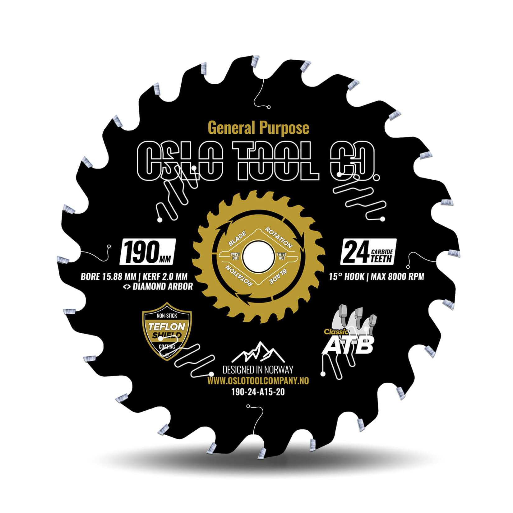 Sagblad i 190mm med 24 tenner for generell bruk i treverk. Utformet med diamant senterhull feste