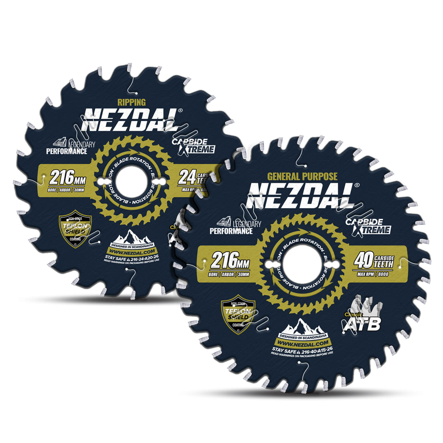 Two 216mm table saw blades for general purpose and ripping cuts in wood